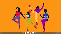 Four animated people in bright clothing dancing on an orange background