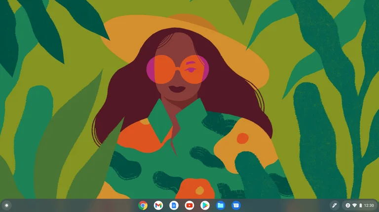 An animated woman with brown skin is wearing big sunglasses and a hat. The background has many lush green leaves.