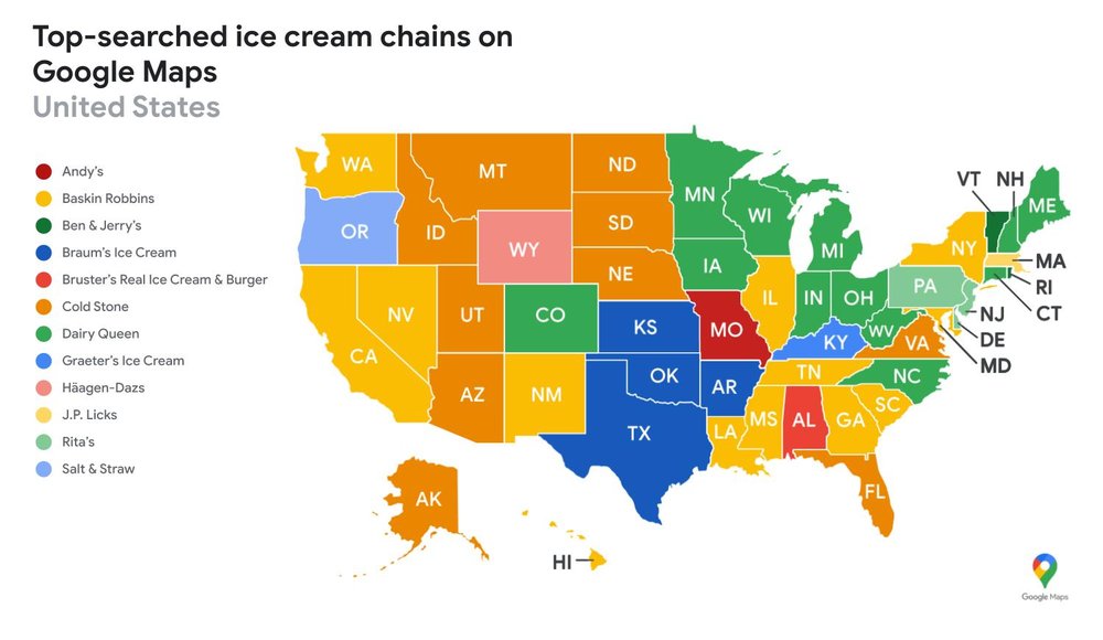 A red, blue, green, and yellow map shows the most popular ice cream chain in each U.S. state, broken down by 12 different national ice cream chains.