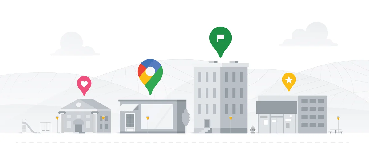 An illustration featuring several buildings with Google product icons above them.