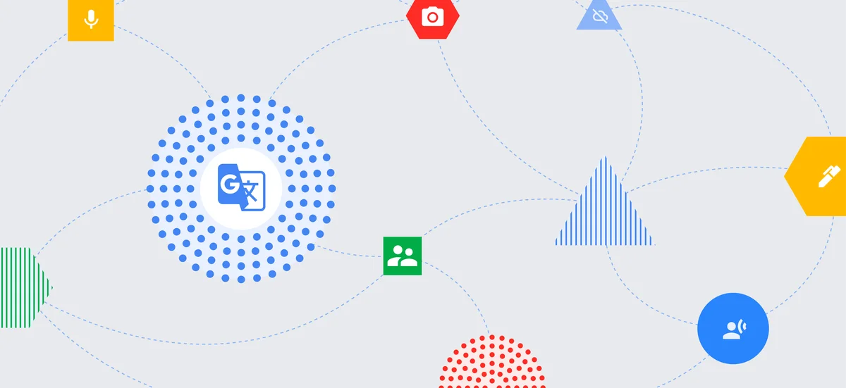 An illustration showing the Google Translate logo, a camera logo, a microphone logo and other logos symbolizing communication.