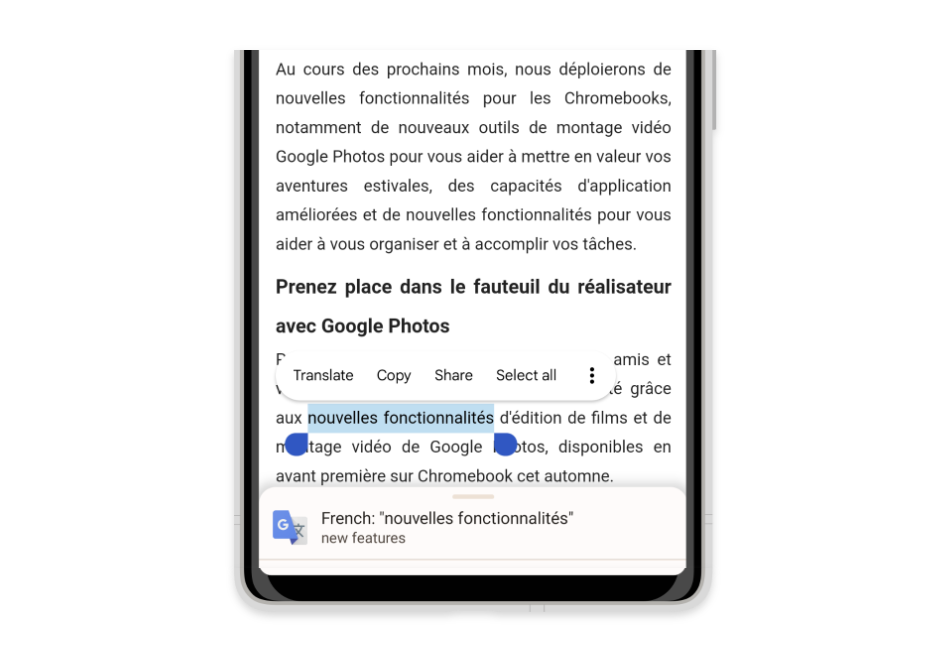 Image of Pixel 6 device with a French word “nouvelles fonctionnalites” being translated into English in Chrome browser