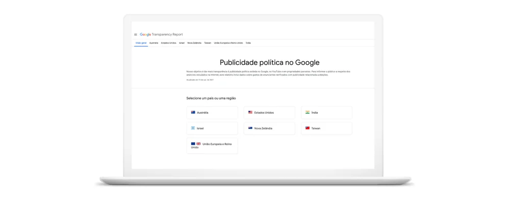 Página mostra o Relatório de Transparência de Publicidade Política do Google