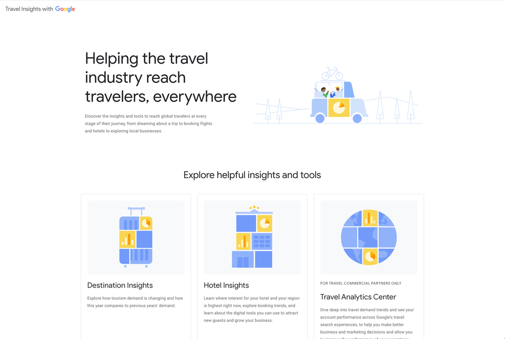 Captura de pantalla de la página de inicio de la herramienta Travel Insights, que muestra tarjetas para Destination Insights, Hotel Insights y Travel Analytics Center