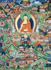 This painting is a detailed and colorful depiction of the Buddha, surrounded by various other figures and scenes. The Buddha is depicted in the center, sitting on a lotus throne with a serene expression and a green halo behind his head. The surrounding scenes include other smaller figures in different postures, animals, mythical creatures, and various elements of nature and architecture.