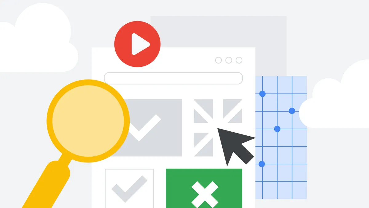 Illustration of crosses, ticks, a magnifying glass and a play button.