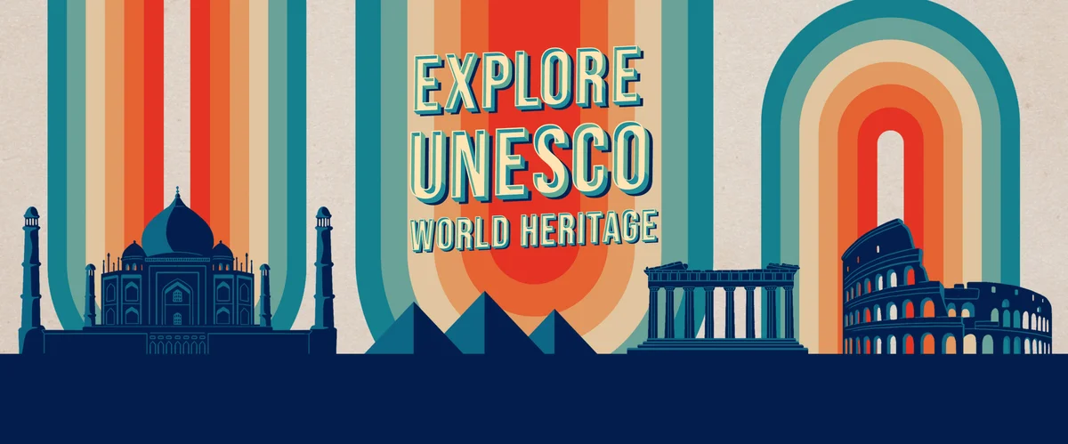 A colorful image depicting 4 heritage sites