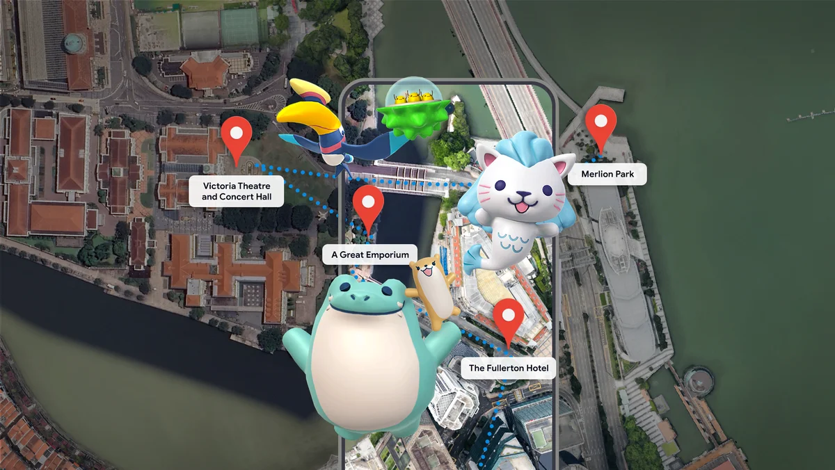 Image features Singapore’s map with a phone and overlay of Merli’s Immersive Adventure, an augmented reality tour of Singapore