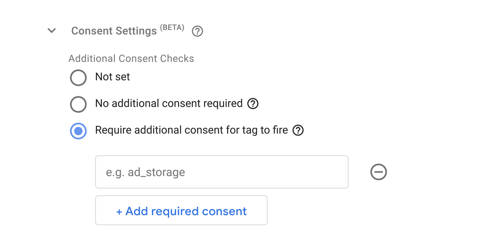 Image of “Consent Settings (beta)” section under “Advanced Settings” at the bottom of each tag configuration.