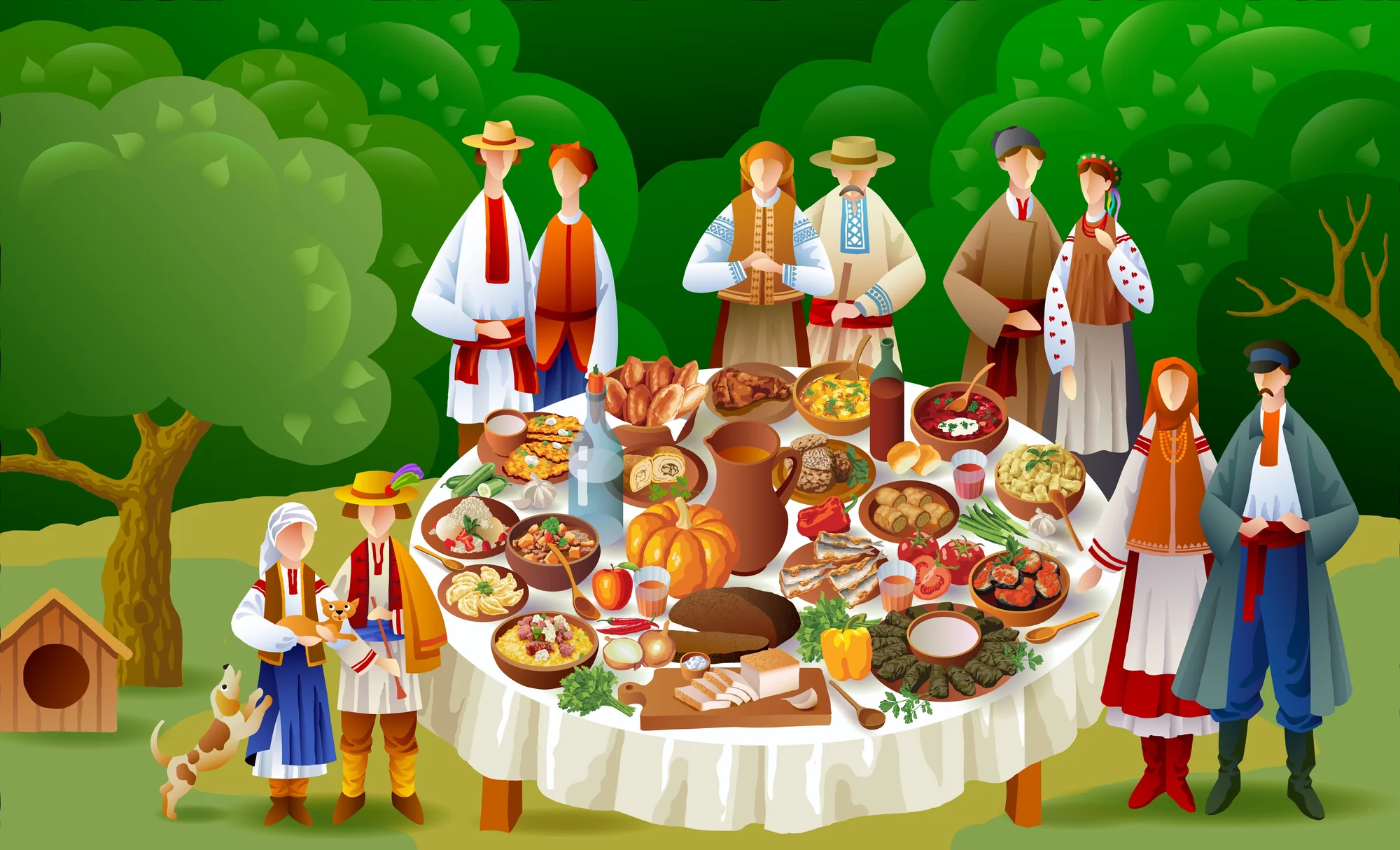 Illustrated image of Ukrainian traditional dishes on a large table.