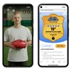 A graphic showing two smartphones. One shows a photo of Umpire, Nathan Williamson, holding a football. The other phone shows tips to bounce the ball like an umpire.