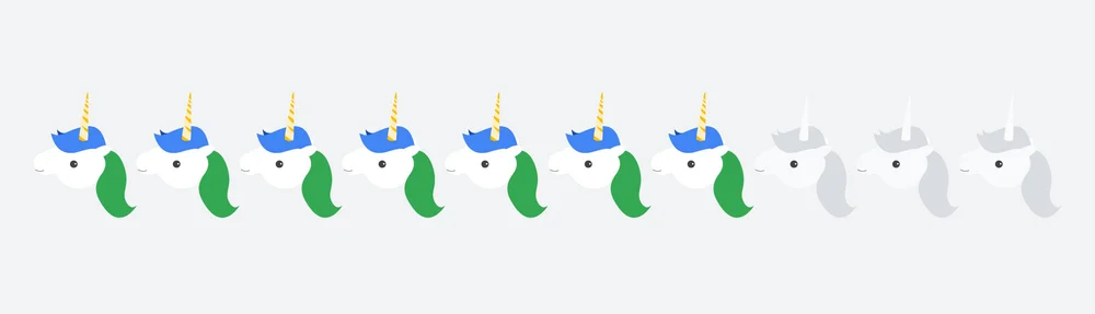 Illustration of 10 unicorn heads in a line. Seven of them are colored in.
