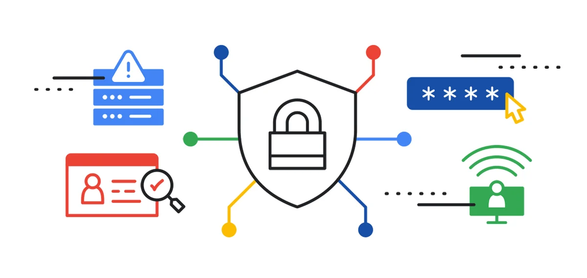 an illustration of a padlock with various symbols (fact checking, warning, wifi sign) floating around it.