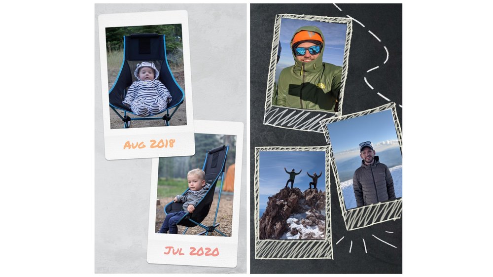 Image showing two side-by-side screens. One is a collage of two photos of a small child sitting in the same camping chair two years apart. The other is of photos taken on a hiking trip.