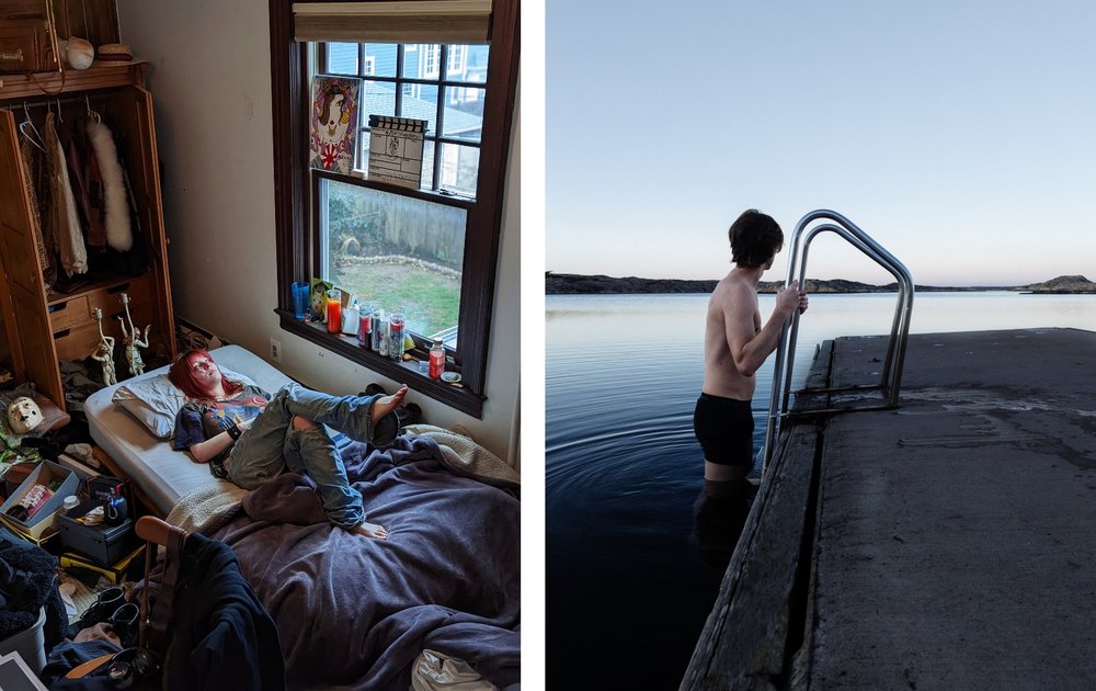 Two photographs side by side: The first is of a woman laying in a bed staring at the ceiling, surrounded by knick-knacks. The second is of a person getting out of the water at a dock on a lake.