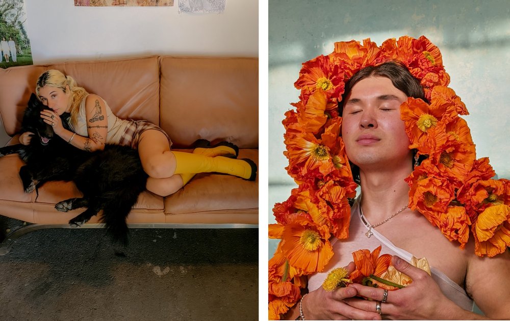 Two side by side photographs: One of a woman cuddling on a couch with a dog, the other of a person with flowers draped around their head and shoulders.