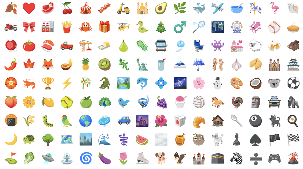 A variety of the new emoji designs that are now visible  across Google products including Gmail, Google Chat, YouTube Live Chat and Chrome OS.