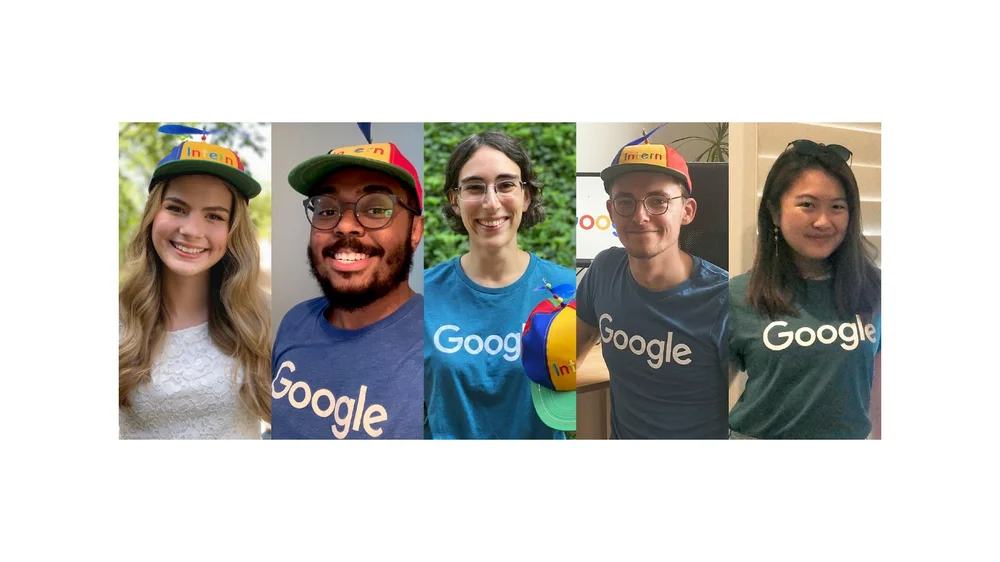 Image showing the five Google interns in a story below in separate photos all wearing Google t-shirts.