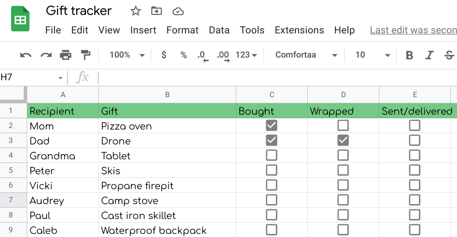 Screenshot of a Google Sheets document titled “Gift tracker” with a list of names and different gift ideas and checkboxes for “bought,” “wrapped,” and “sent/delivered” labels across the sheet.