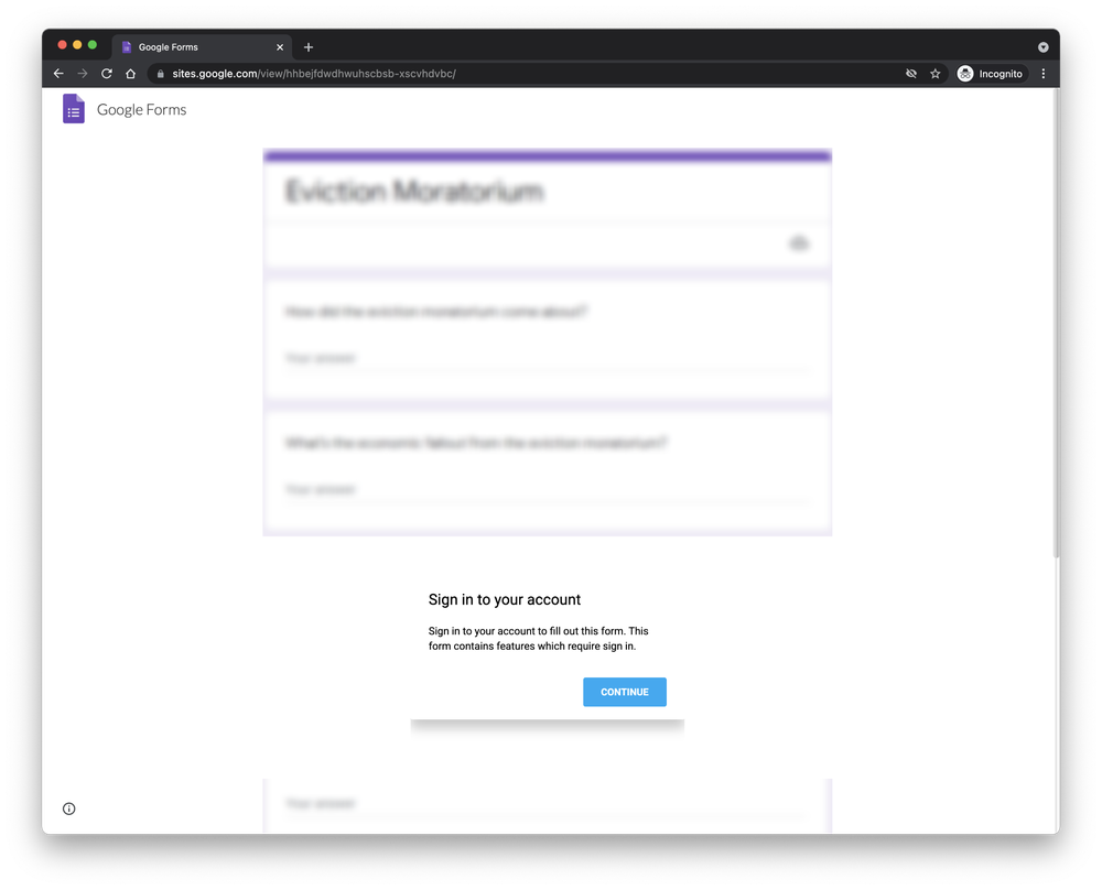Google Sites page disguised as a Google Form to redirect to a phishing site