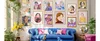 A virtual living room with a blue couch and pink accent pillows. Behind the couch are frames of illustrations of women who represent past Google Doodles.