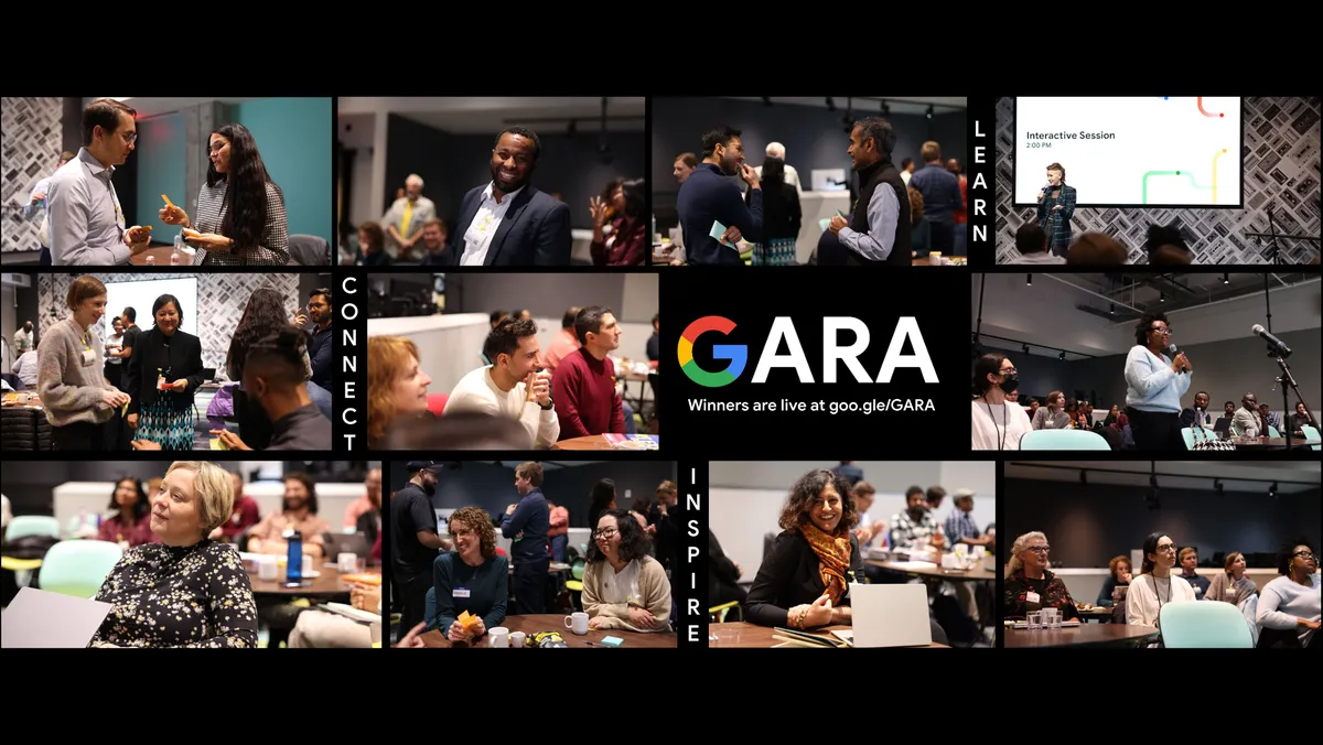 This image features a collage of 10 images that display researchers interacting at a conference, engaging in conversation, giving talks, and posing for pictures. There is text that reads "GARA Winners are live at goo.gle/GARA