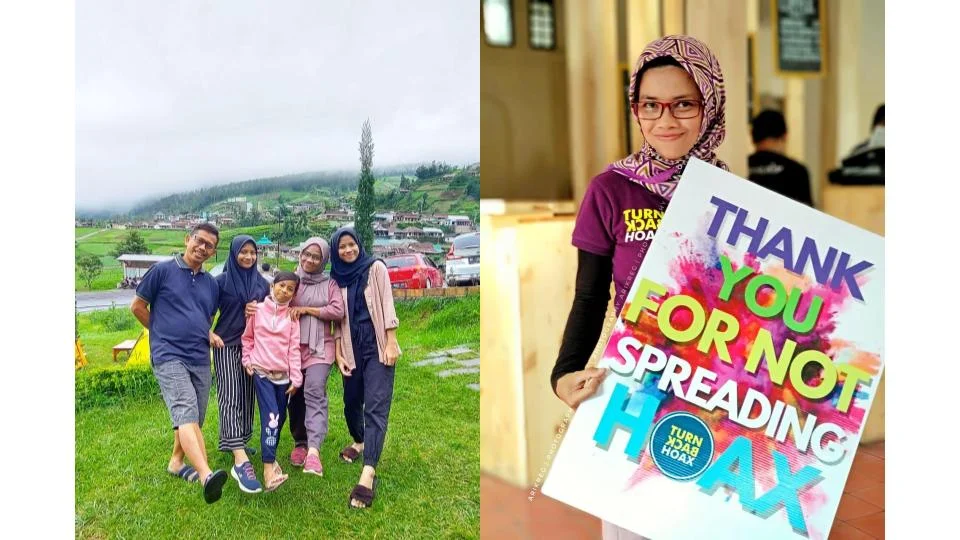 On the left, a photo of Niken’s family with her husband and three daughters, standing on a hillside. On the right, a photo of Niken smiling and holding a poster saying “thank you for not spreading hoax”.