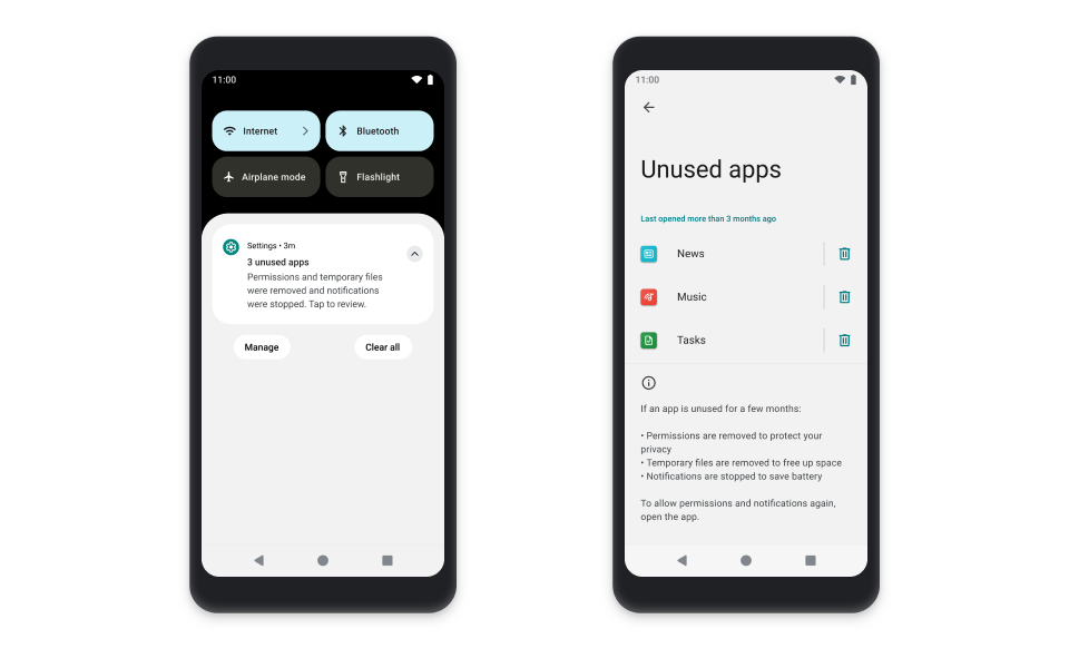 Two mobile phones side by side. The one on the left shows a settings notification that says three unused apps were hibernated. The screen on the right shows the settings page and the Music and News apps listed underneath.