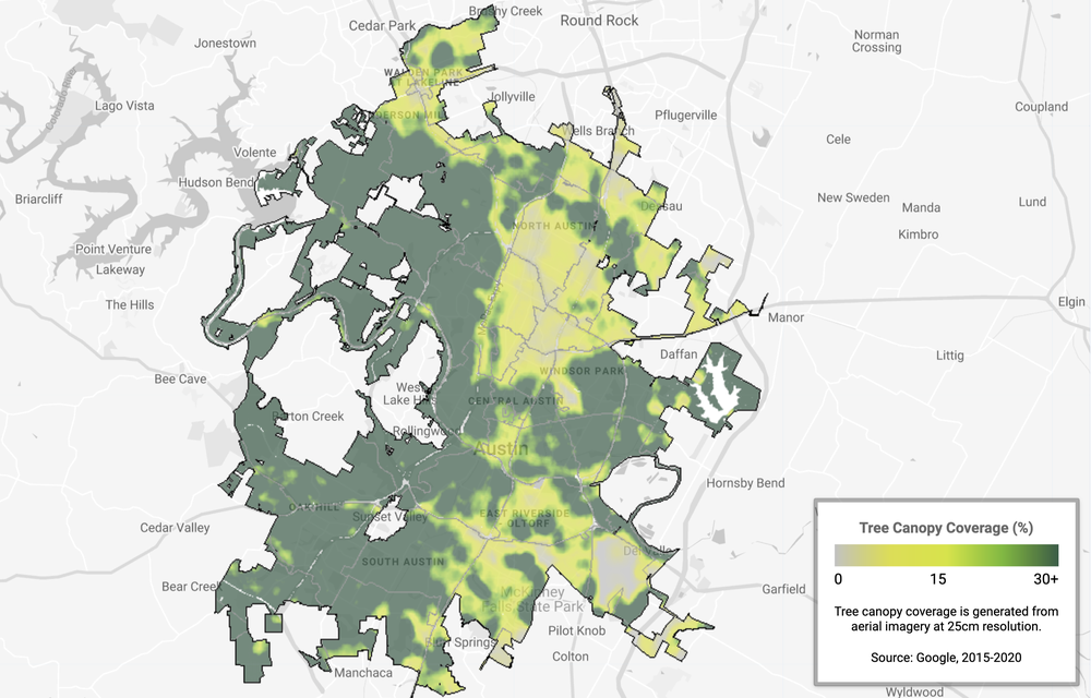 An image showing tree canopy coverage in Austin