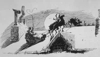 Sketch of Santa urging reindeer off a roof