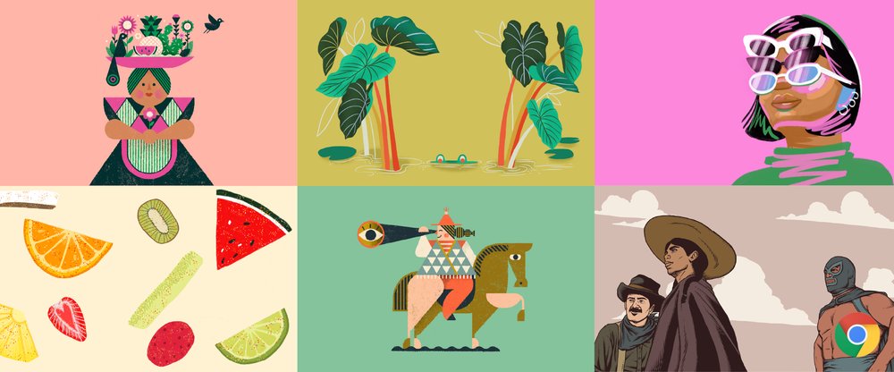 A grid layout of 6 illustrations: a person with a tray on their head; a frog submerged in the water; a person wearing 3 pairs of glasses; a cross section of a variety of fruits; a person on a horse holding a telescope; and 3 people looking in the distance