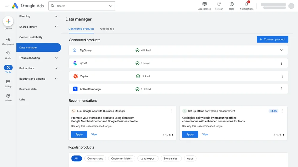 A screenshot of the user interface showing Data manager