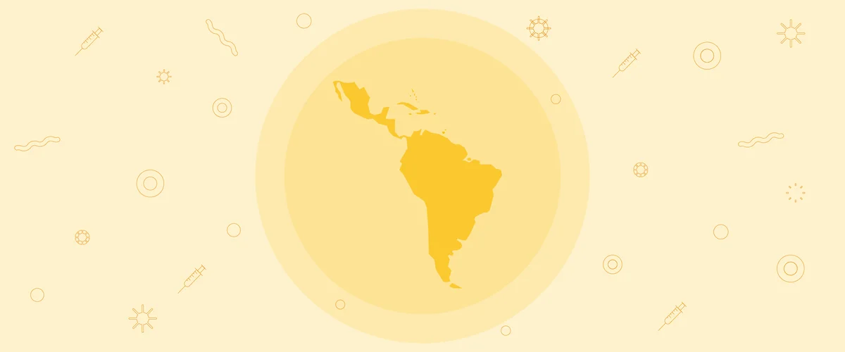 A globe showing Latin America with a yellow background showing icons indicating vaccines and COVID-19