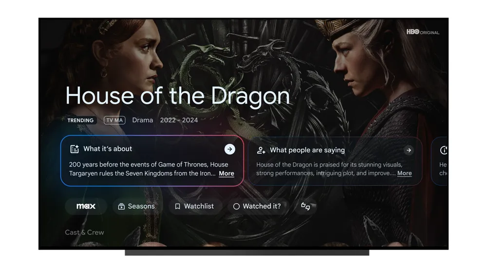 Image of the AI-generated overview for House of the Dragon, which includes a summary of what the show is about and what people are saying about the show.