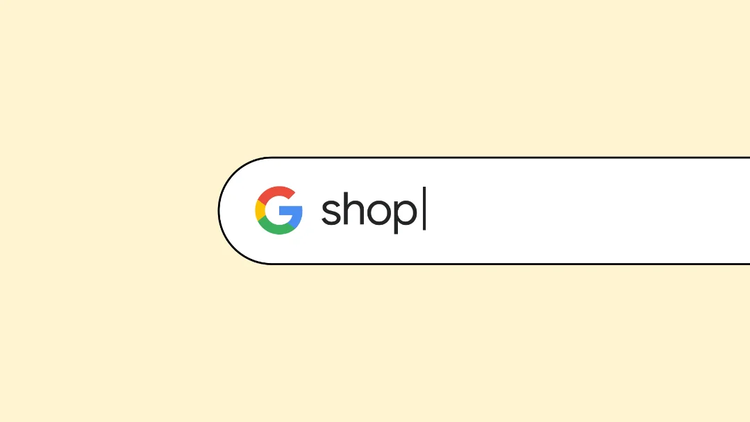 The word “shop” typed into a search bar against a yellow background.