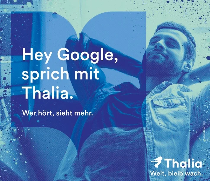 Eine Visualisierung mit dem Text "Hey Google, sprich mit Thalia"