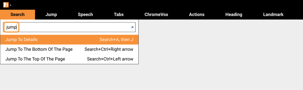 Visual shows menus that have been updated in ChromeVox with new search functionality.