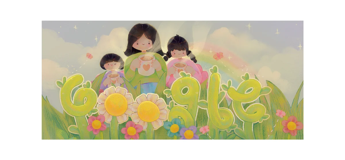 The Google logo in a field of grass with three girls standing above it holding mugs of tea. The letters are made of twisting green plant stalks and flowers. In the background is a blue sky, rainbow and butterflies.