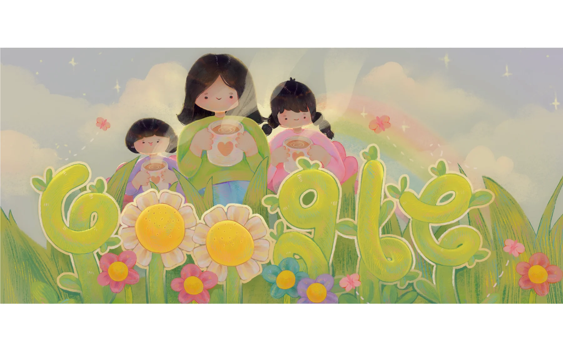 Illustration of the GOOGLE logo in a field of grass with three women standing above holding mugs of tea. The GOOGLE letters are comprised of twisting green plant stalks and flowers. The women all have fair skin and black hair. The background is a blue sky, rainbow, and butterflies.