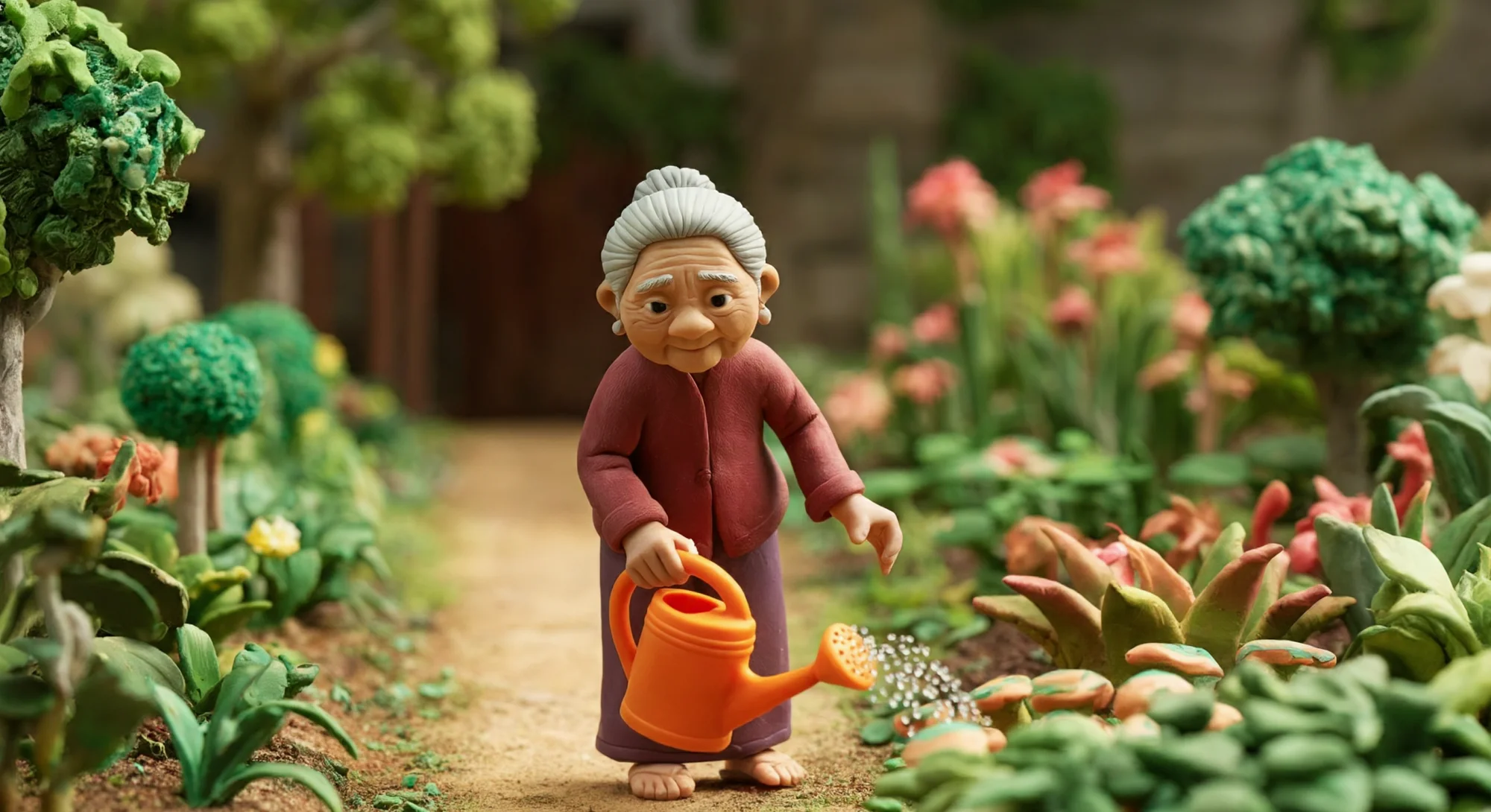 Une scène entièrement réalisée en argile représentant une femme âgée portant un haut rouge fluide et une jupe taupe. Elle marche sur un chemin droit dans un jardin, avec des plantes luxuriantes poussant de chaque côté du chemin. Elle tient un grand arrosoir orange dans sa main droite et l'utilise pour arroser les plantes.