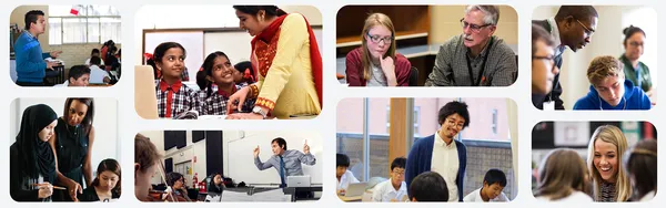 A collage of images of teachers with their students in classrooms