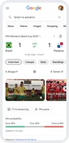 Screenshot eines Suchergebnisses der Partie Brasilien gegen Panama, bei dem es 1:1 steht, die Spielhöhepunkte und die Gewinnwahrscheinlichkeit angezeigt werden.