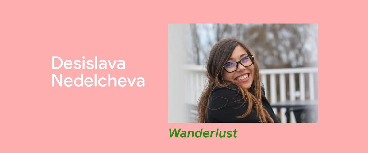 Ein Foto von Desi Nedelcheva, auf dem sie seitlich in die Kamera schaut. Links neben dem Foto ist auf rosanem Hintergrund ihr Name zu lesen, unter ihrem Foto steht „Wanderlust“, der Titel der Interviewreihe