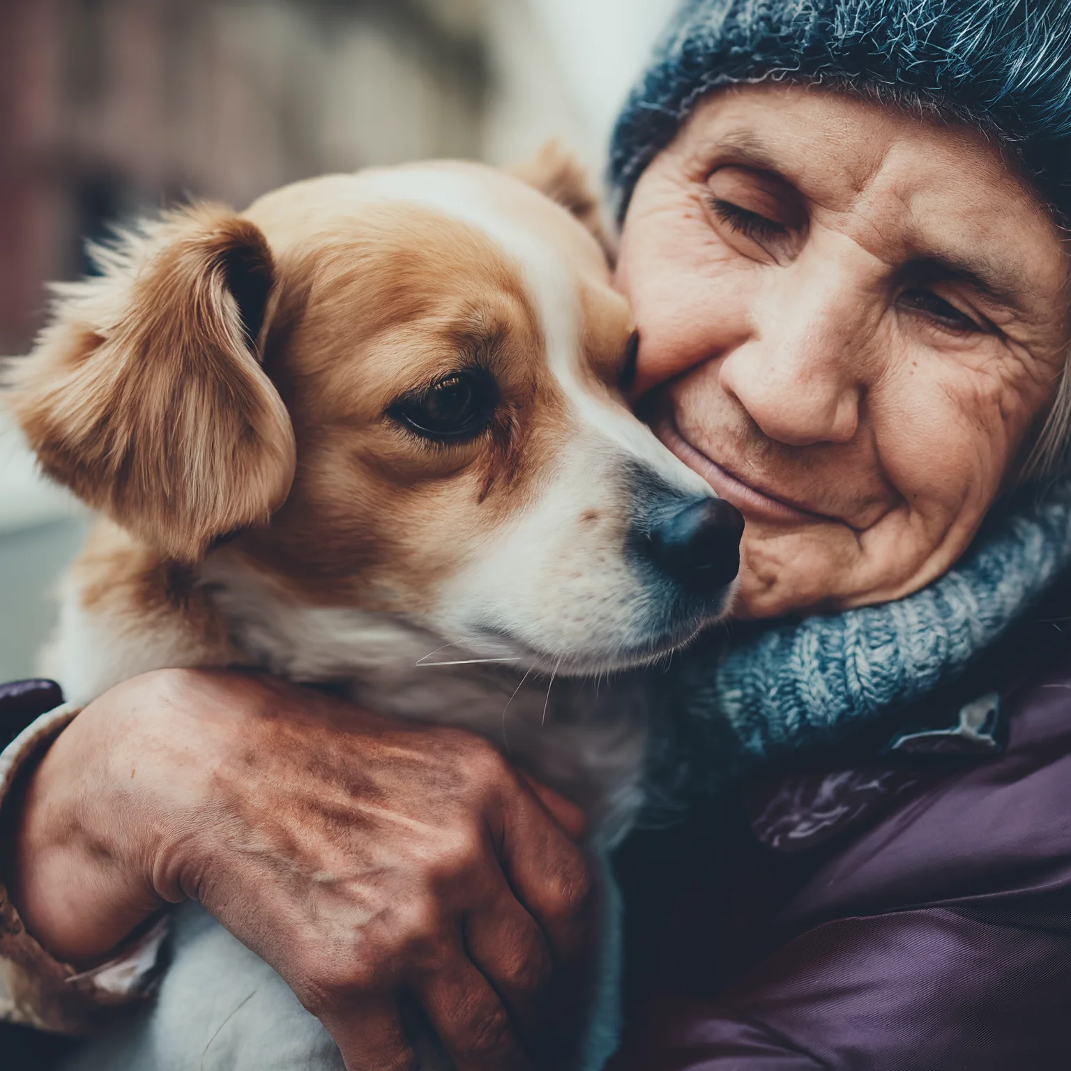 A close-up image of an elderly woman wearing a beanie and scarf holding a brown and white dog.