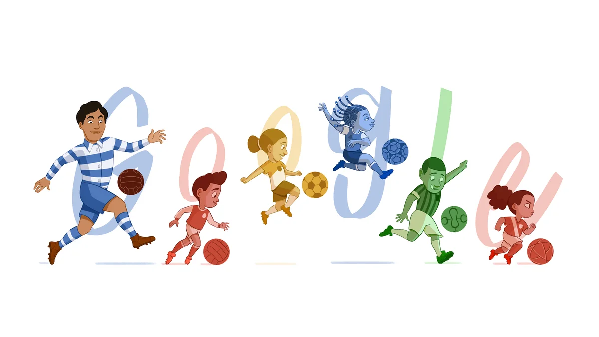 A colourful and vibrant illustration featuring animated characters playing football in front of a Google logo