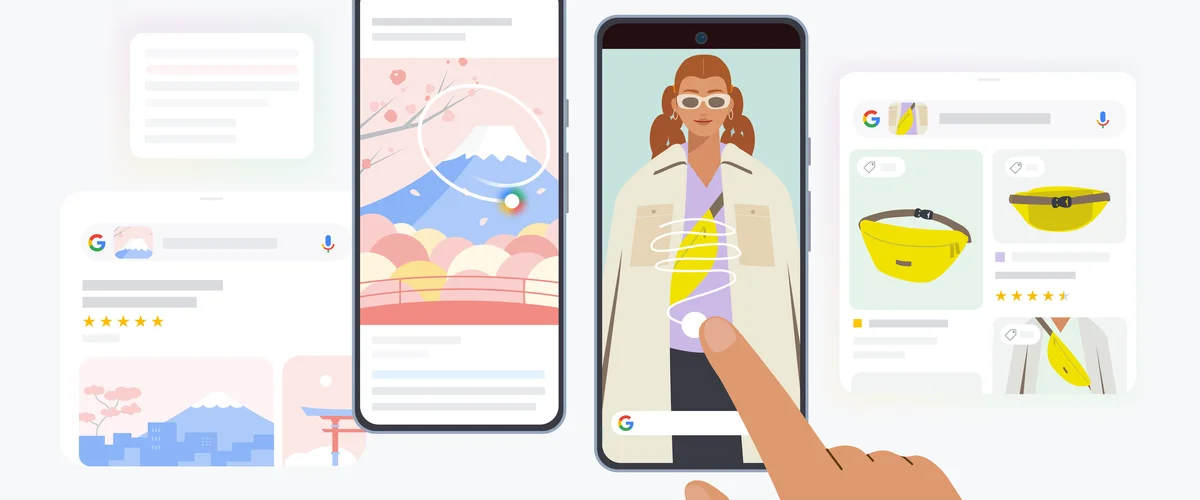 Dos teléfonos que muestran a algunos rodeando un bolso cruzado en uno y una montaña en el otro. Luego, hay capturas de pantalla abstractas de los resultados para cada uno, incluidas opciones para comprar el bolso y un resultado de búsqueda que proporciona