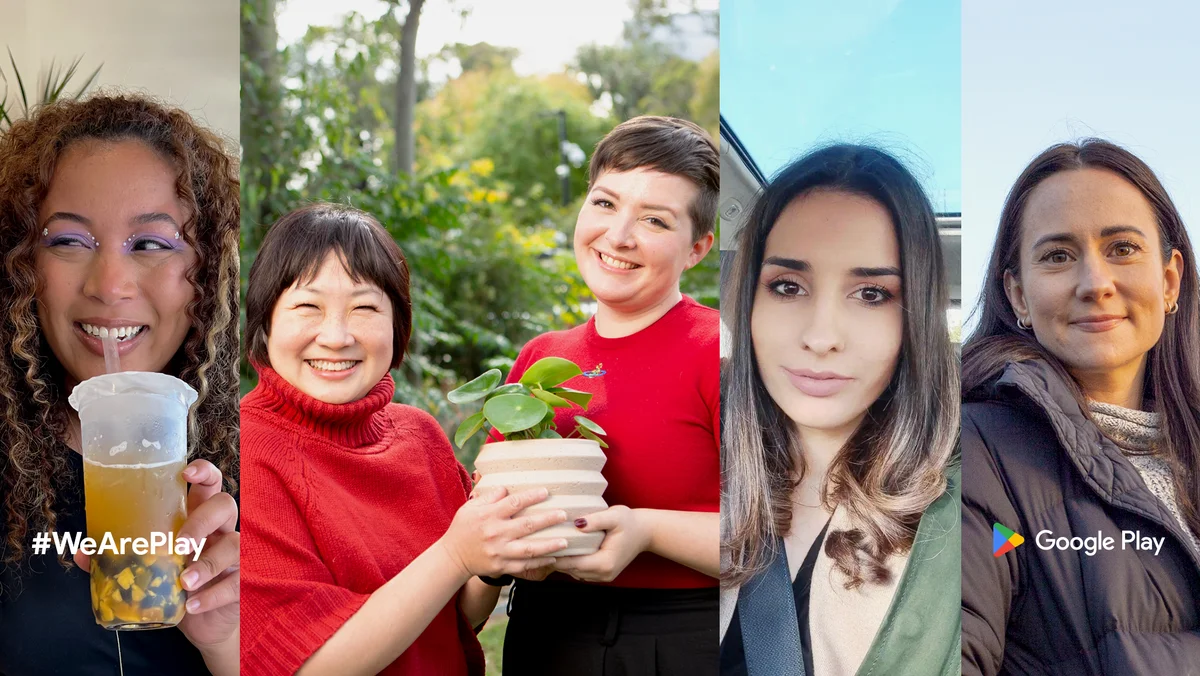 A collage of four pictures featuring five women. From left to right: a woman smiles and sips bubble tea, two women smile and hold a plant, a woman wearing a seatbelt smiles and a woman standing outside smiles.