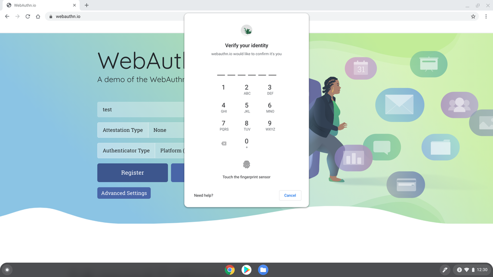 Image showing a web page with the WebAuthn tool pulled up.  A pop-up window on the screen indicates "Verify Your Identity" and has spaces for the numbers to be entered.