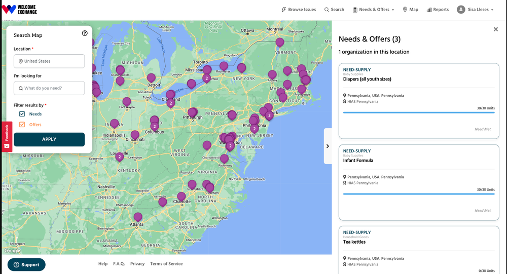 A screenshot of the Welcome.US’ Welcome Exchange platform that shows how needs and offers are displayed in the northeastern US.