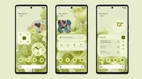 Three phones each showing a series of widgets on a green floral homescreen